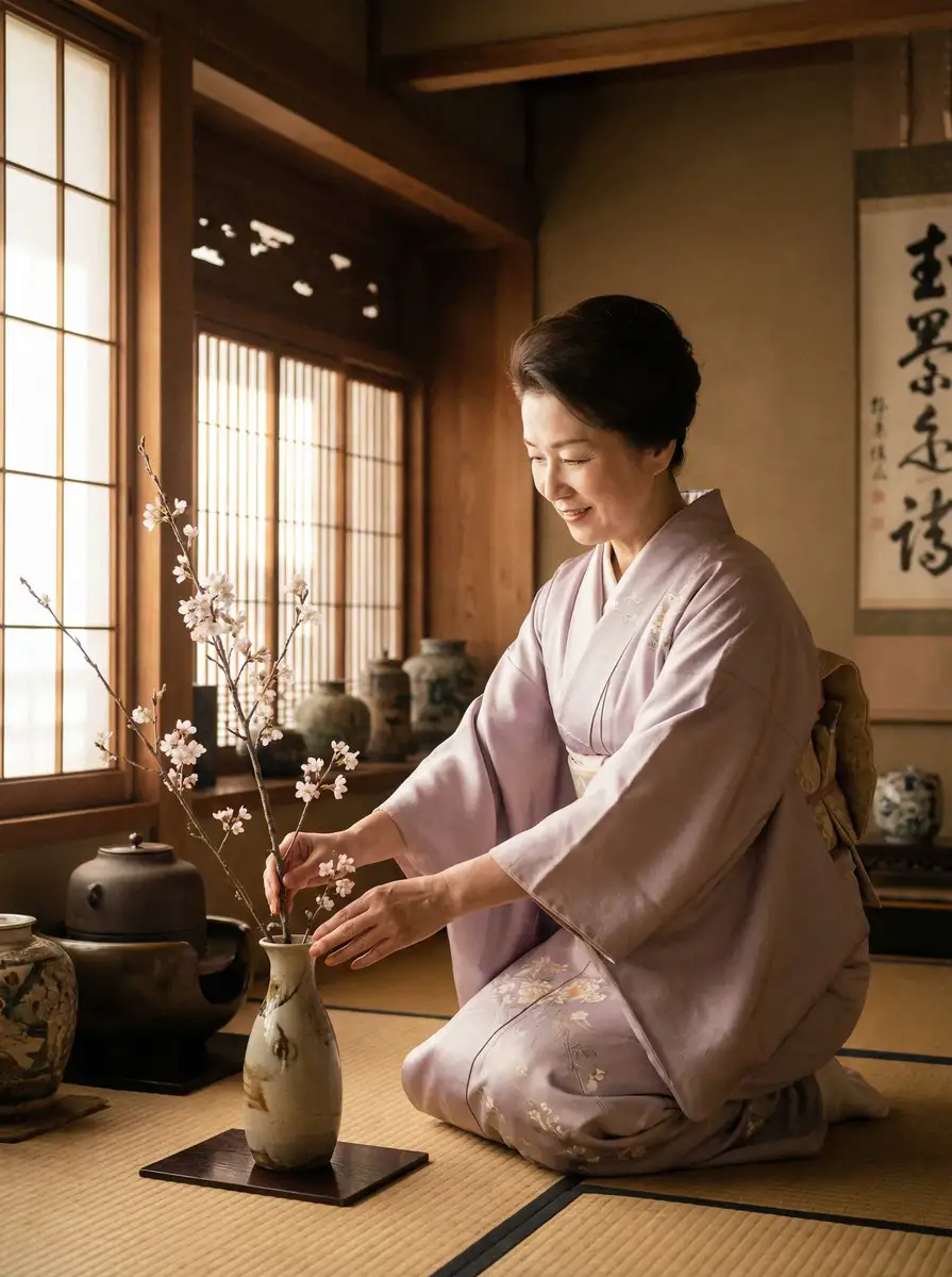 一位优雅的 91视频 在和室中插花